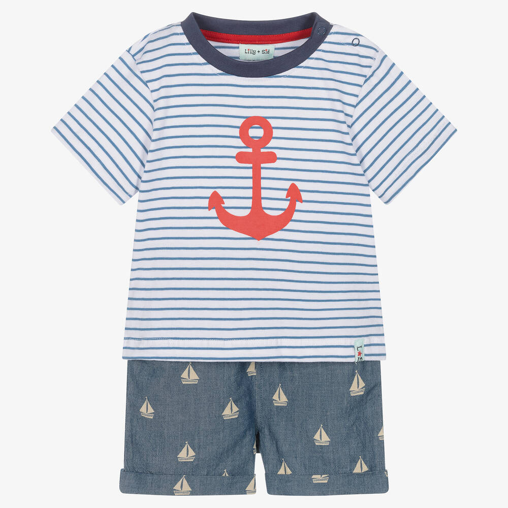 Lilly and Sid - Baby Boys White & Blue Cotton Shorts Set | Childrensalon