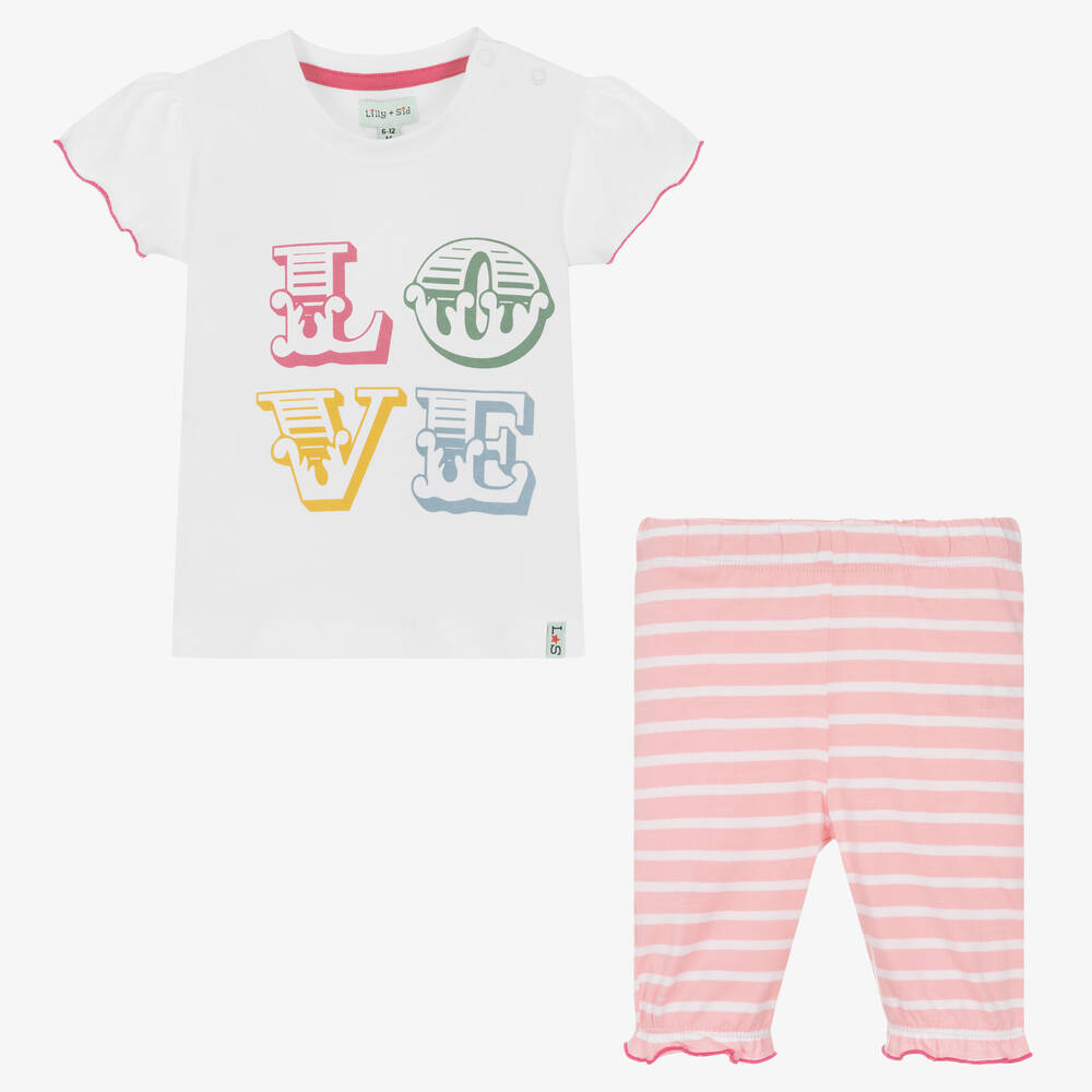 ليلي آند سيد-Baby Girls Pink & White Cotton Shorts Set | Childrensalon Outlet