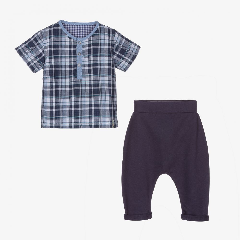Lilly and Sid-Blue & Grey Cotton Trouser Set | Childrensalon Outlet