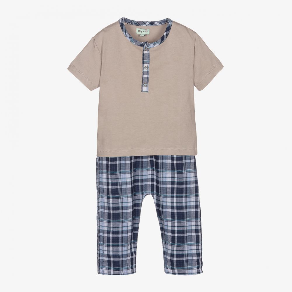 Lilly and Sid - Blue & Grey Cotton Trouser Set | Childrensalon