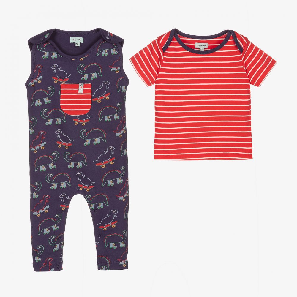Lilly and Sid-Blue & Red Cotton Dungaree Set | Childrensalon Outlet