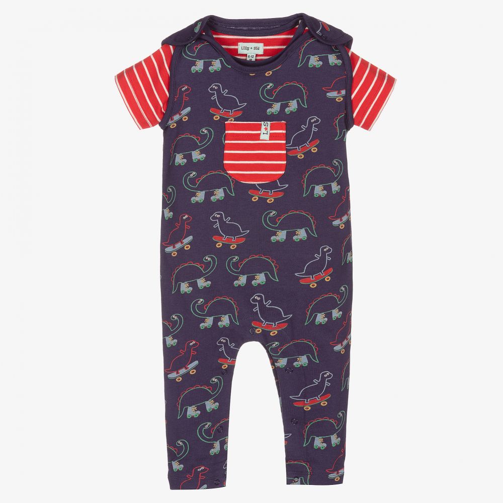 Lilly and Sid - Blue & Red Cotton Dungaree Set | Childrensalon