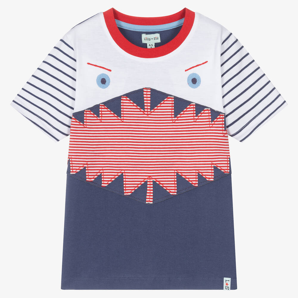 Lilly and Sid-Boys Blue & White Organic Cotton T-Shirt | Childrensalon Outlet