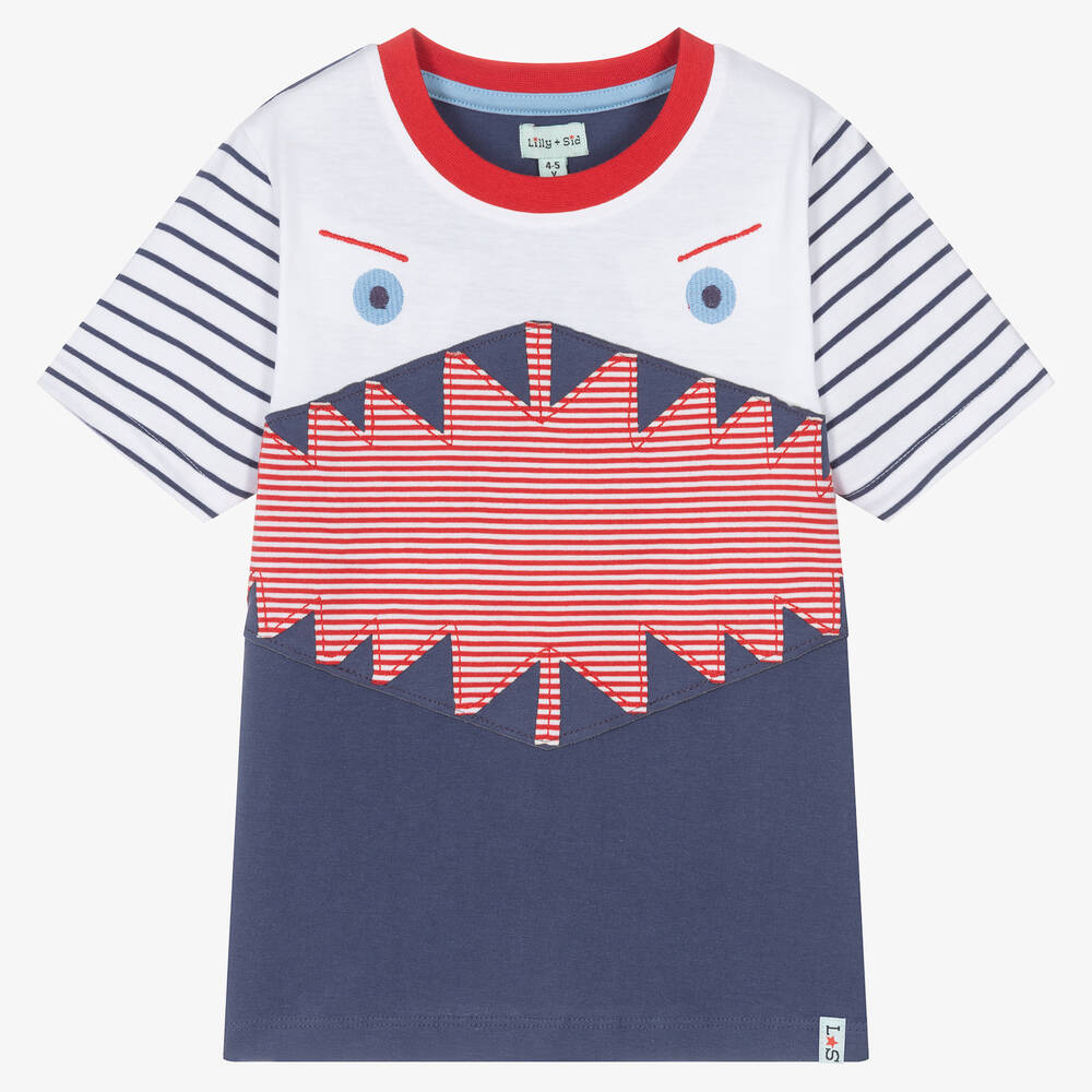 Lilly and Sid - Boys Blue & White Organic Cotton T-Shirt | Childrensalon