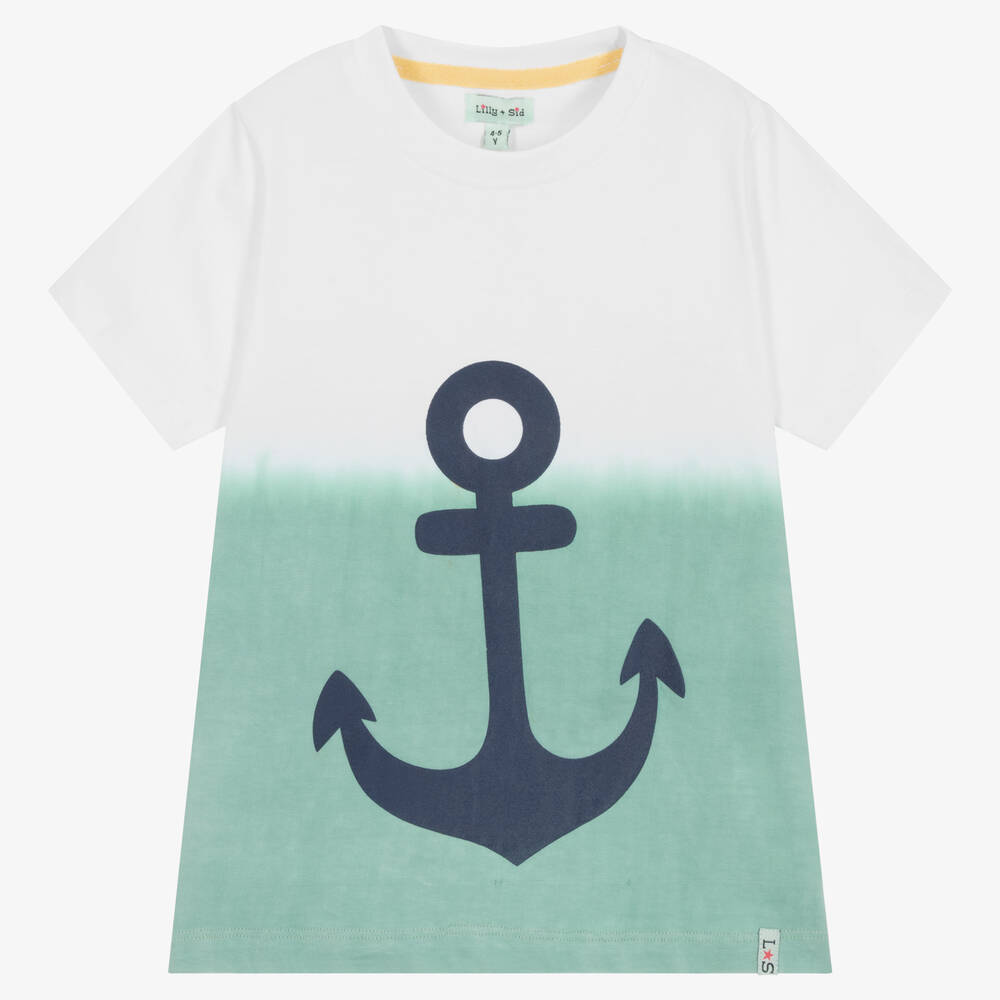 Lilly and Sid - Boys White & Green Cotton Anchor T-Shirt | Childrensalon