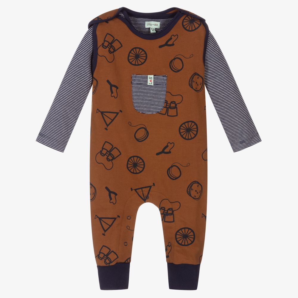Lilly and Sid - Brown & Blue Dungaree Set | Childrensalon