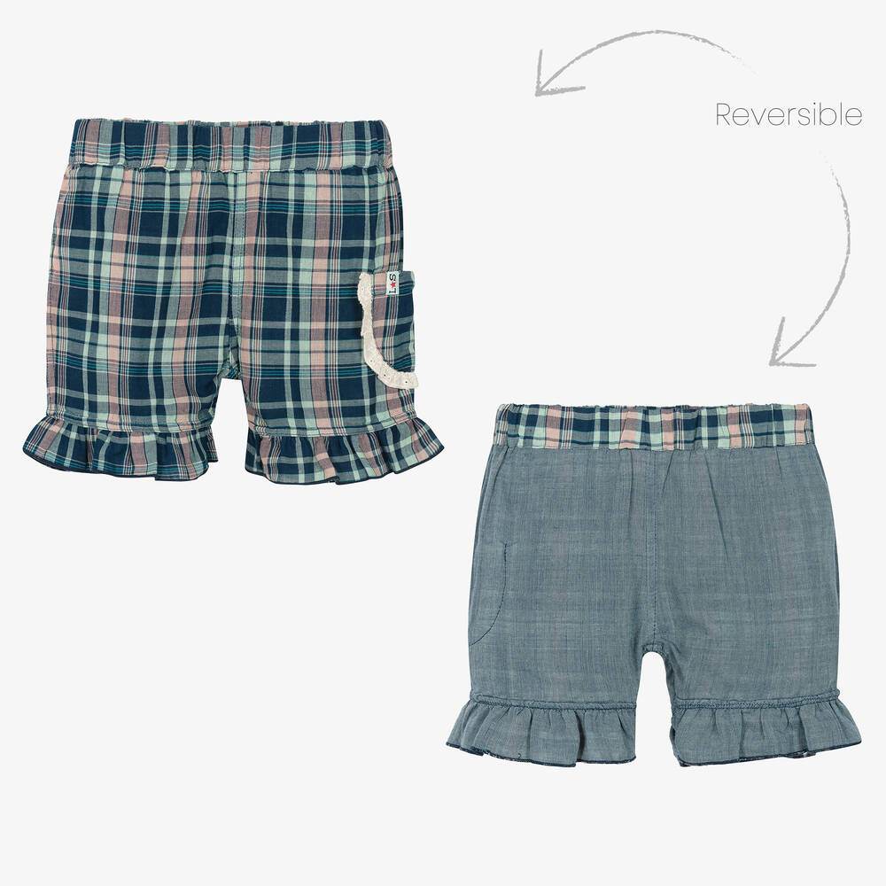 Lilly and Sid - Girls Blue Organic Cotton Check Shorts | Childrensalon