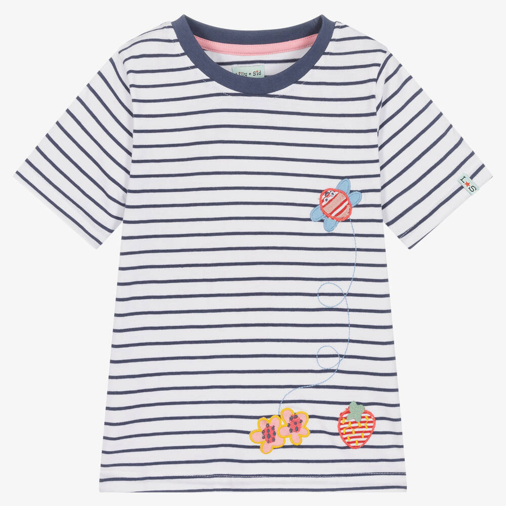 Lilly and Sid - Girls Blue Stripe Cotton T-Shirt | Childrensalon