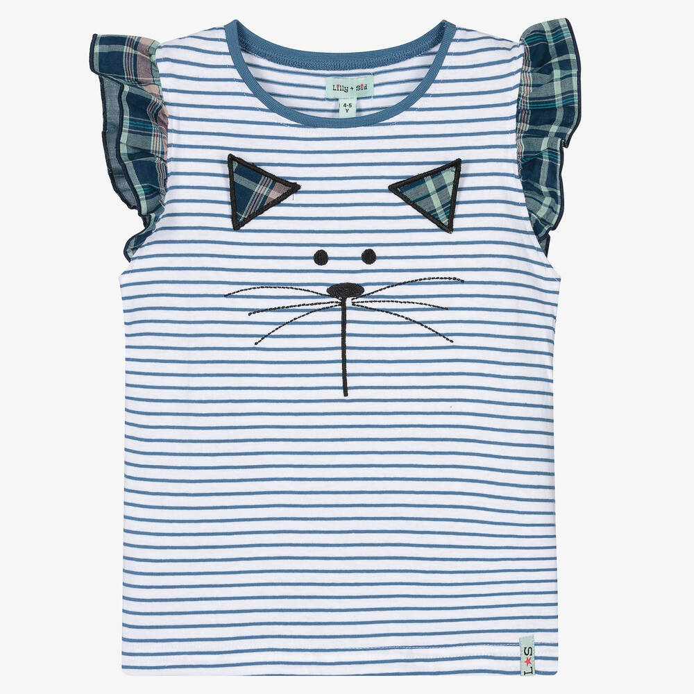 Lilly and Sid - Girls Blue Stripe Organic Cotton T-Shirt | Childrensalon