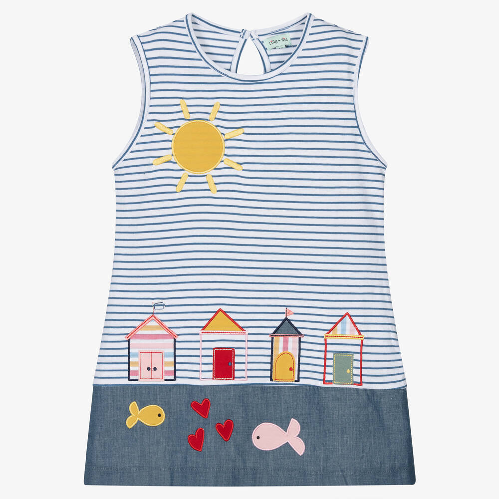Lilly and Sid - Girls Blue & White Stripe Cotton Dress | Childrensalon