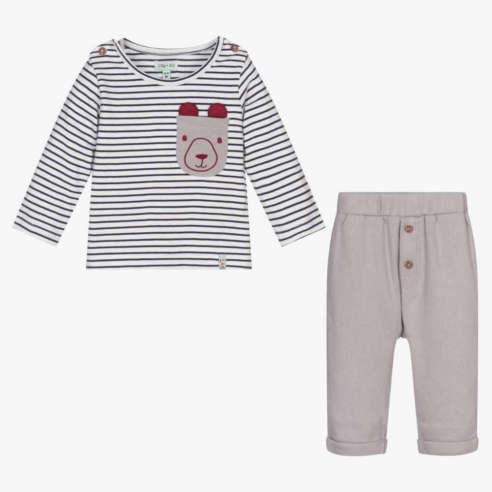 Lilly and Sid-Grey & Blue Baby Trouser Set | Childrensalon Outlet