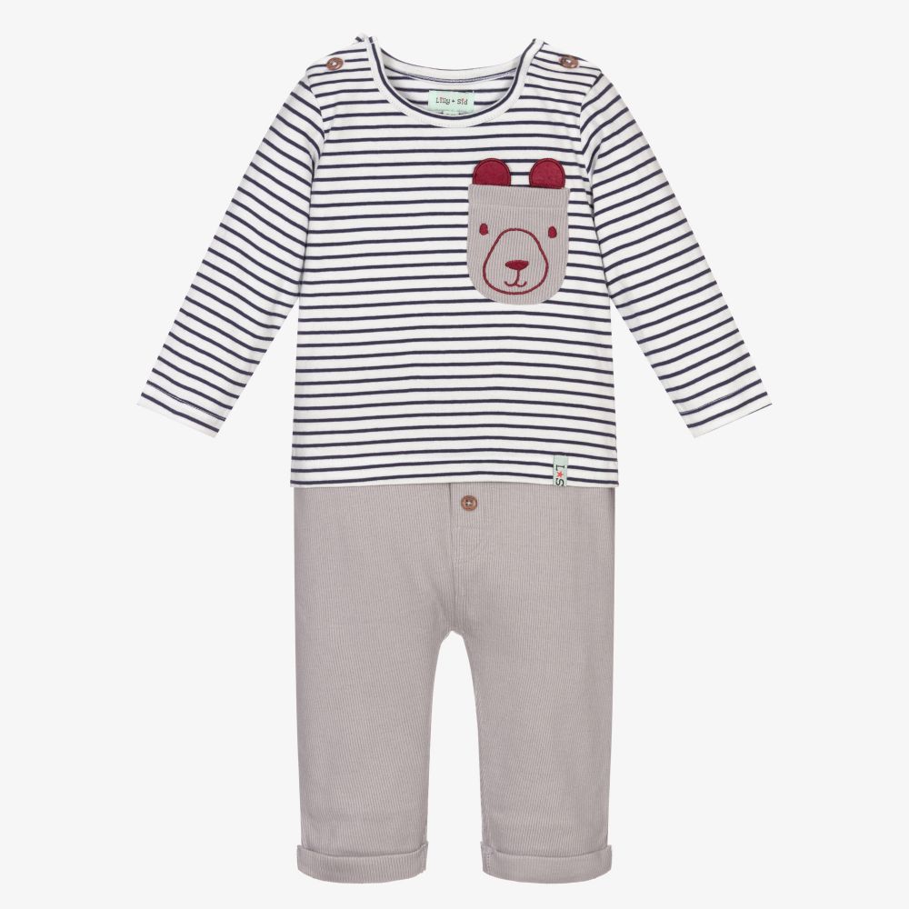 Lilly and Sid-Grey & Blue Baby Trouser Set | Childrensalon Outlet
