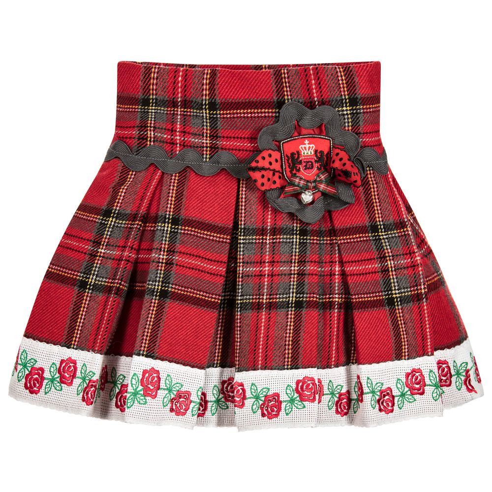 Little Darlings - Girls Red Tartan & Rose Skirt  | Childrensalon