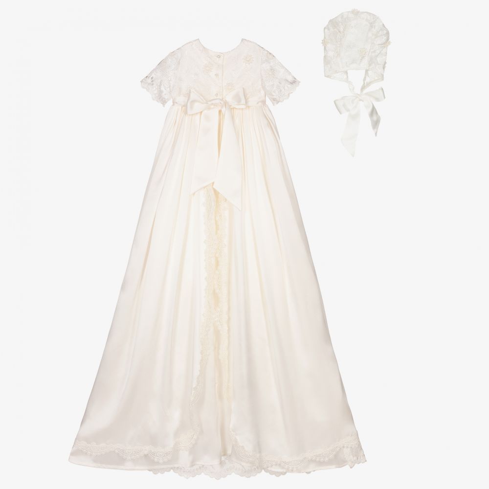 Little Darlings Occasion Ivory Silk Ceremony Gown Bonnet