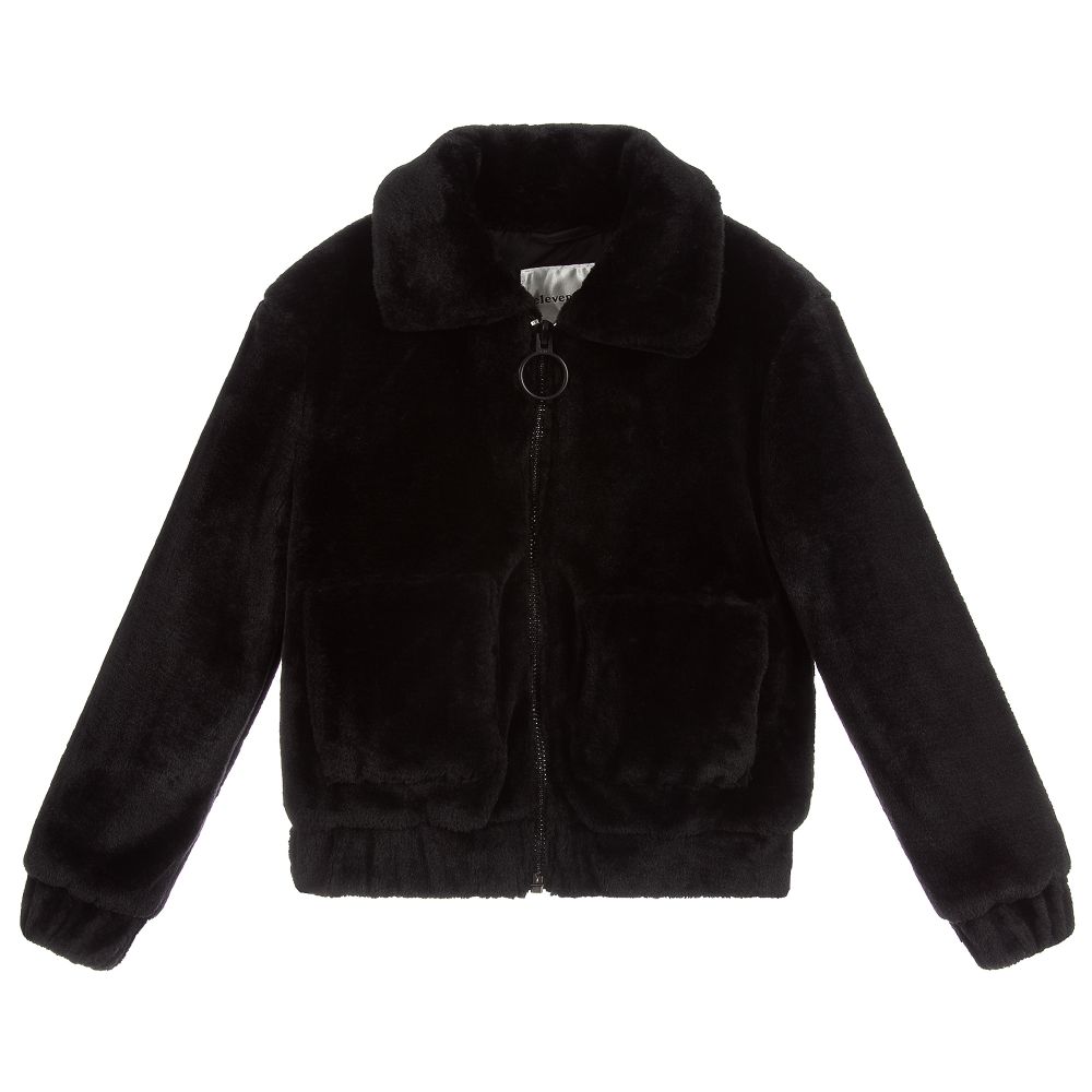 Little Eleven Paris - Girls Black Faux Fur Jacket | Childrensalon