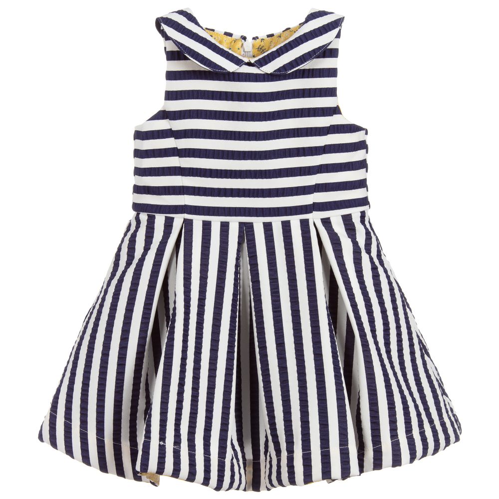 blue and white pinstripe dress