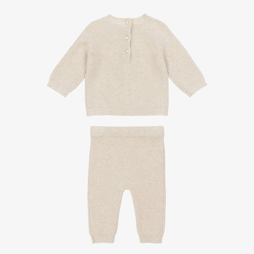 Little Me-Baby Boys Beige Cotton Knit Bear Trouser Set | Childrensalon Outlet
