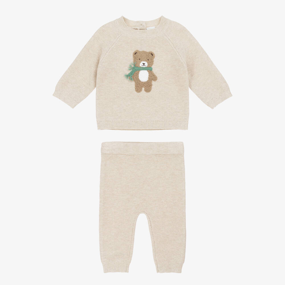 Little Me-Baby Boys Beige Cotton Knit Bear Trouser Set | Childrensalon Outlet