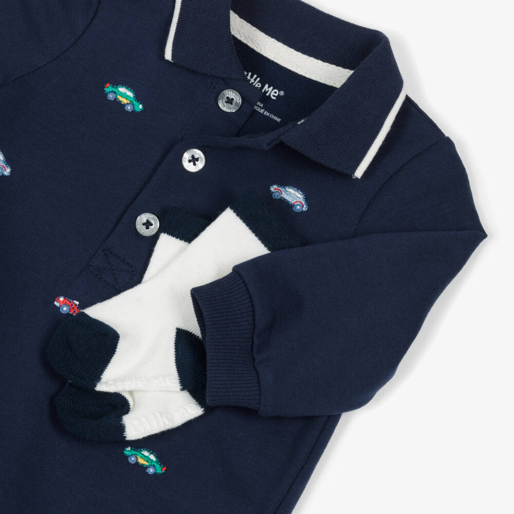 Little Me-Baby Boys Blue Cotton Embroidered Cars Romper Set | Childrensalon Outlet