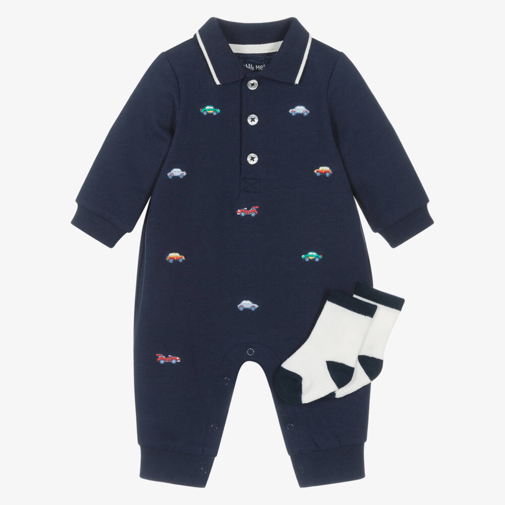 Little Me-Baby Boys Blue Cotton Embroidered Cars Romper Set | Childrensalon Outlet