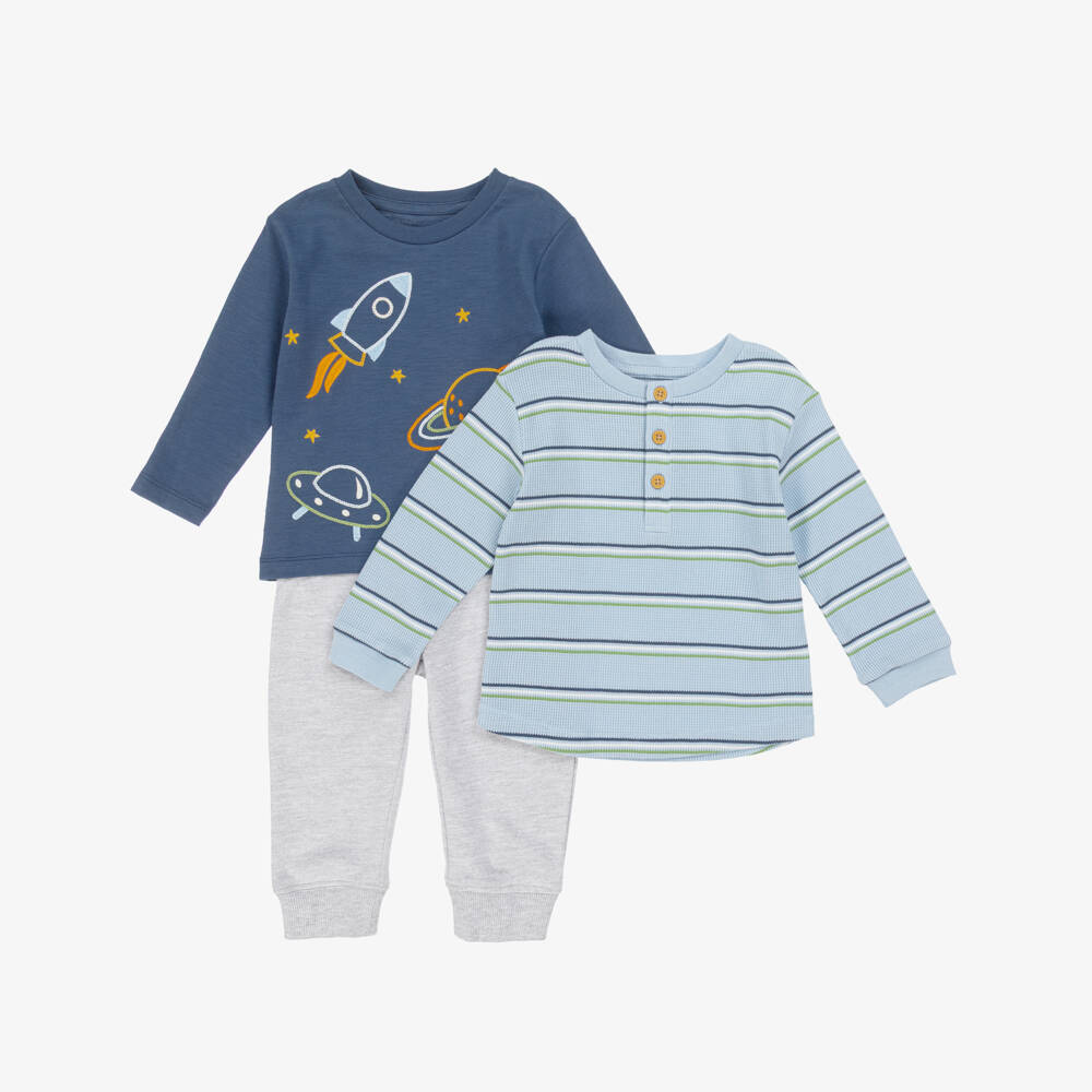 Little Me-Baby Boys Blue & Grey Cotton Space Joggers Set | Childrensalon Outlet
