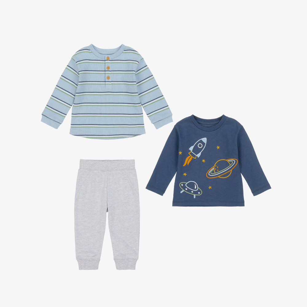 Little Me-Baby Boys Blue & Grey Cotton Space Joggers Set | Childrensalon Outlet