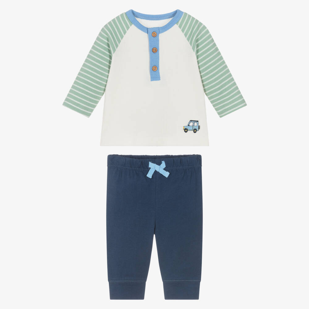 Little Me-Baby Boys Blue, Ivory & Green Cotton Trouser Set | Childrensalon Outlet