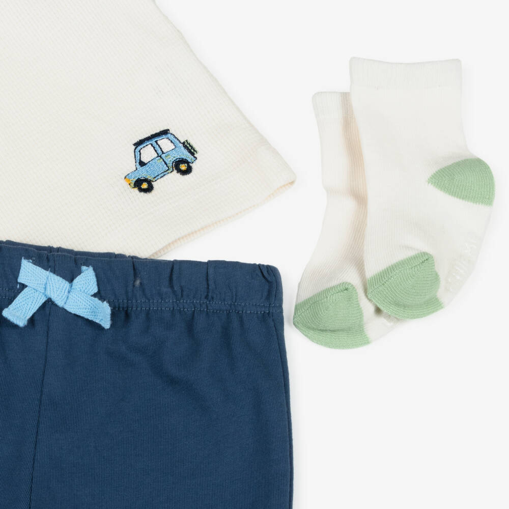 Little Me-Baby Boys Blue, Ivory & Green Cotton Trouser Set | Childrensalon Outlet