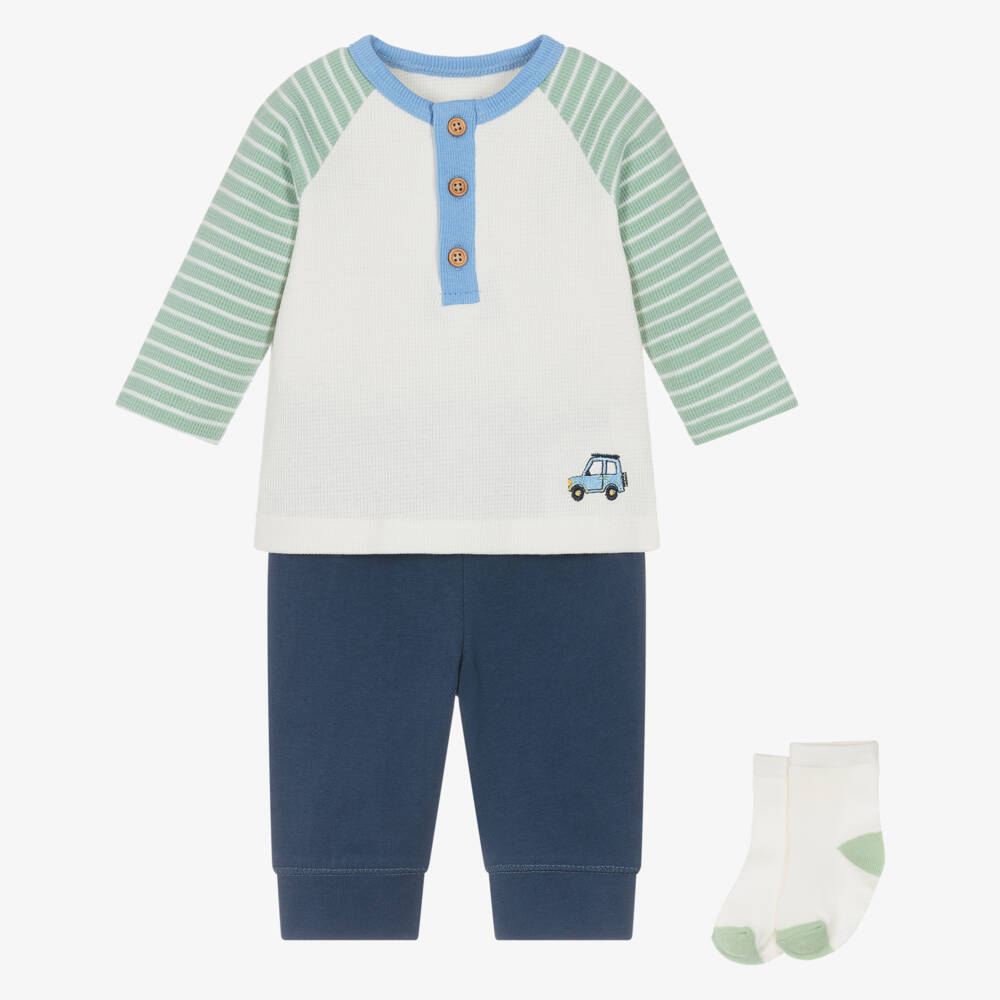 Little Me-Baby Boys Blue, Ivory & Green Cotton Trouser Set | Childrensalon Outlet