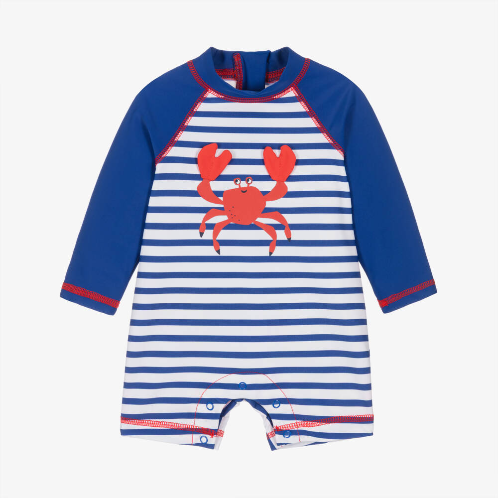 Little Me-Baby Boys Blue Striped Crab Print Sun Suit (UPF50+) | Childrensalon Outlet