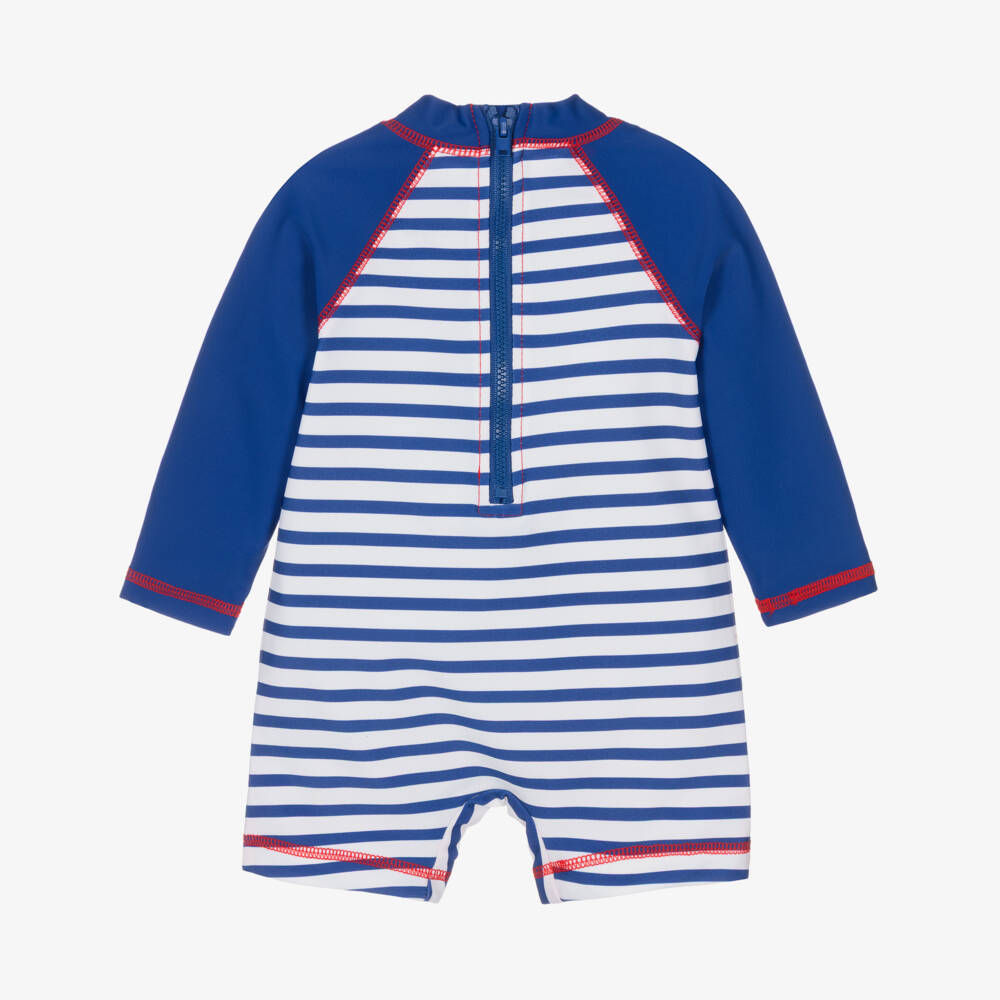 Little Me-Baby Boys Blue Striped Crab Print Sun Suit (UPF50+) | Childrensalon Outlet