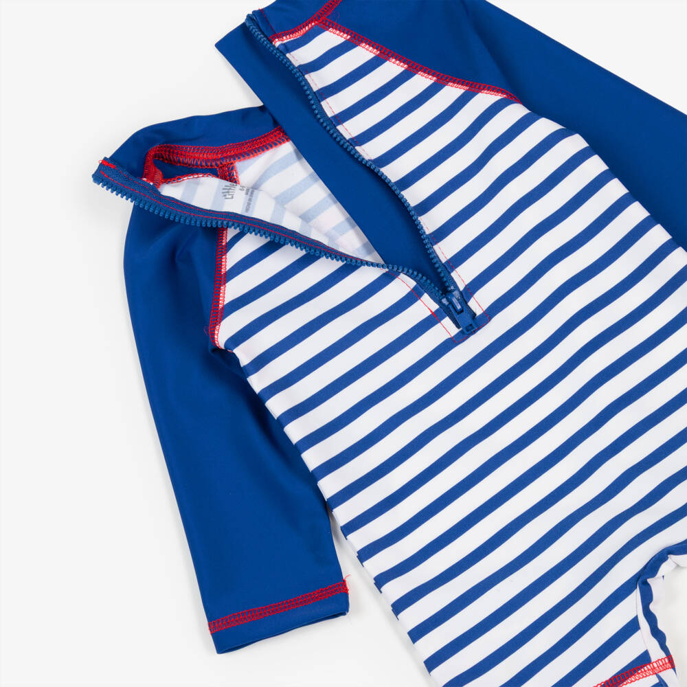 Little Me-Baby Boys Blue Striped Crab Print Sun Suit (UPF50+) | Childrensalon Outlet