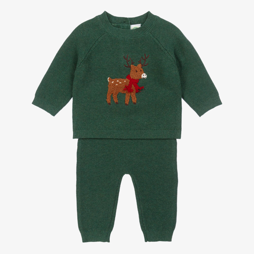 Little Me-Baby Boys Green Cotton Knit Festive Deer Trousers Set | Childrensalon Outlet