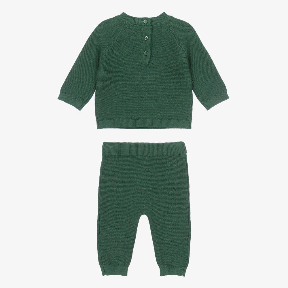 Little Me-Baby Boys Green Cotton Knit Festive Deer Trousers Set | Childrensalon Outlet