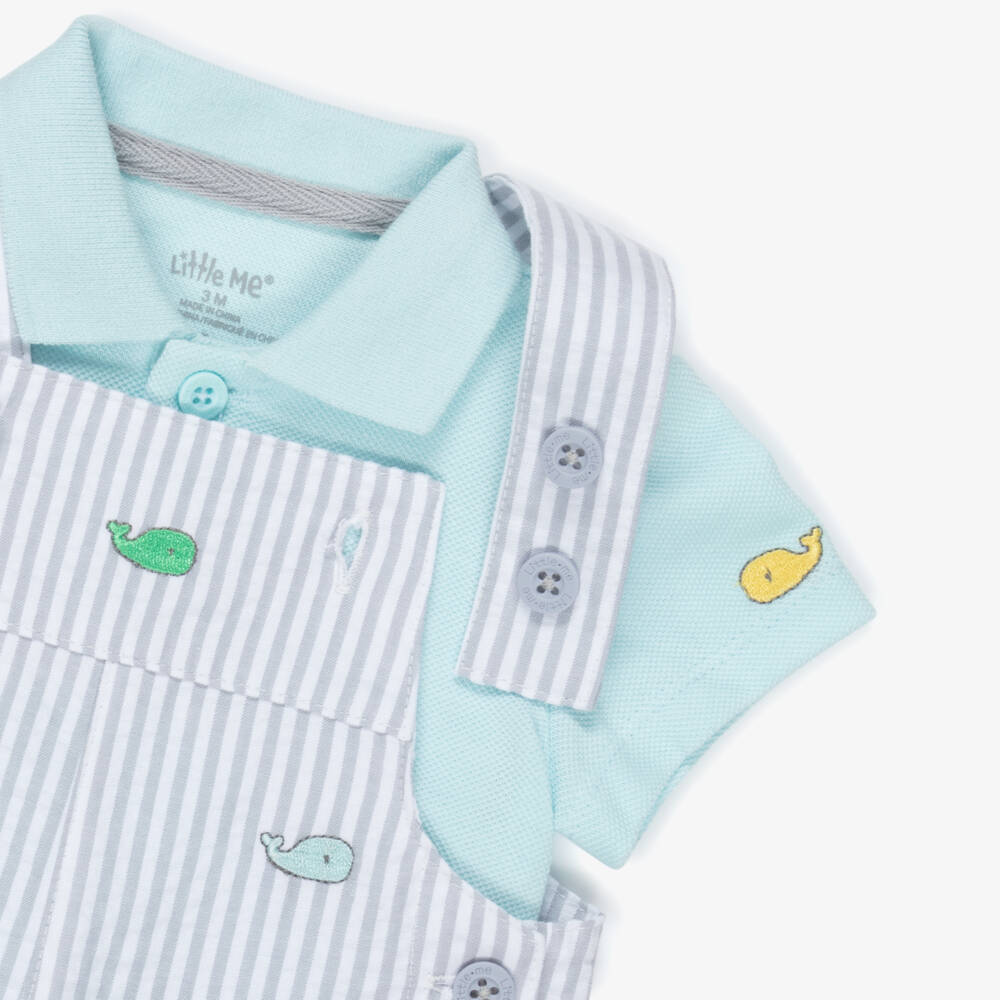 Little Me-Baby Boys Grey Striped Cotton Dungaree Shorts Set | Childrensalon Outlet