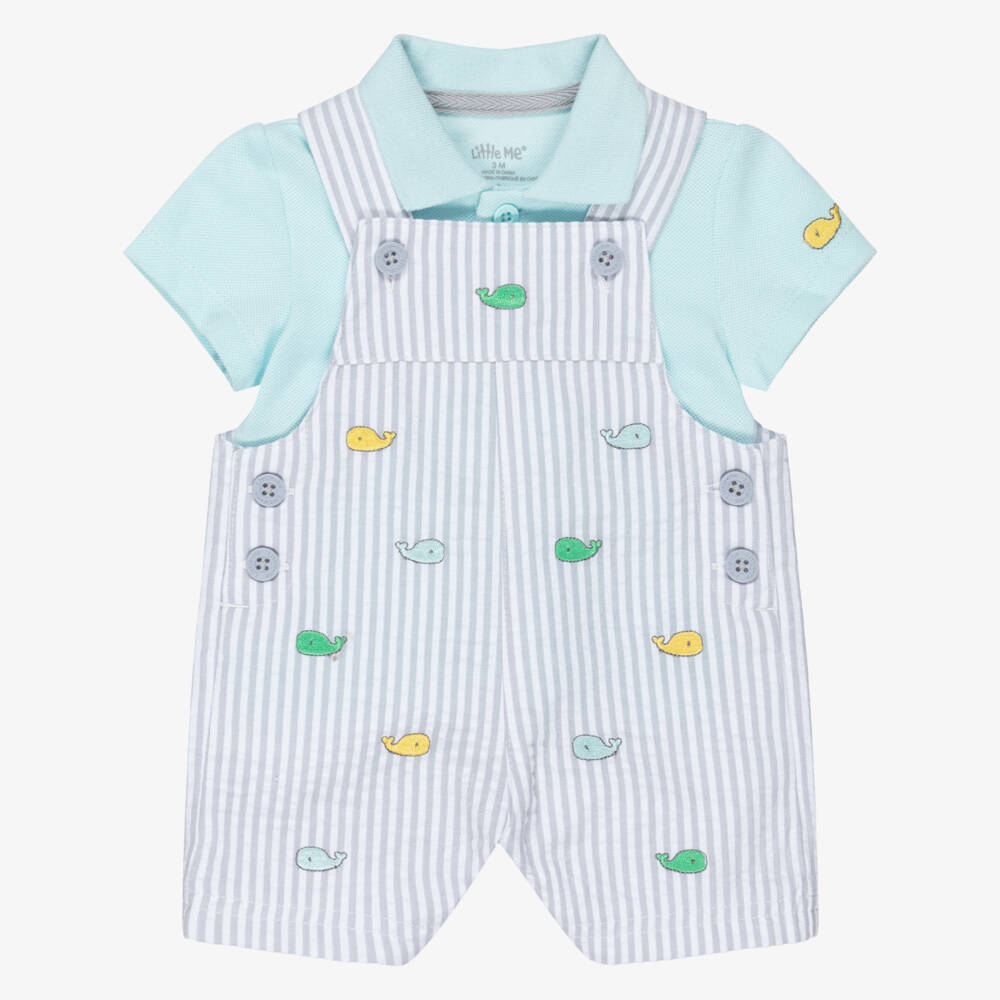 Little Me-Baby Boys Grey Striped Cotton Dungaree Shorts Set | Childrensalon Outlet