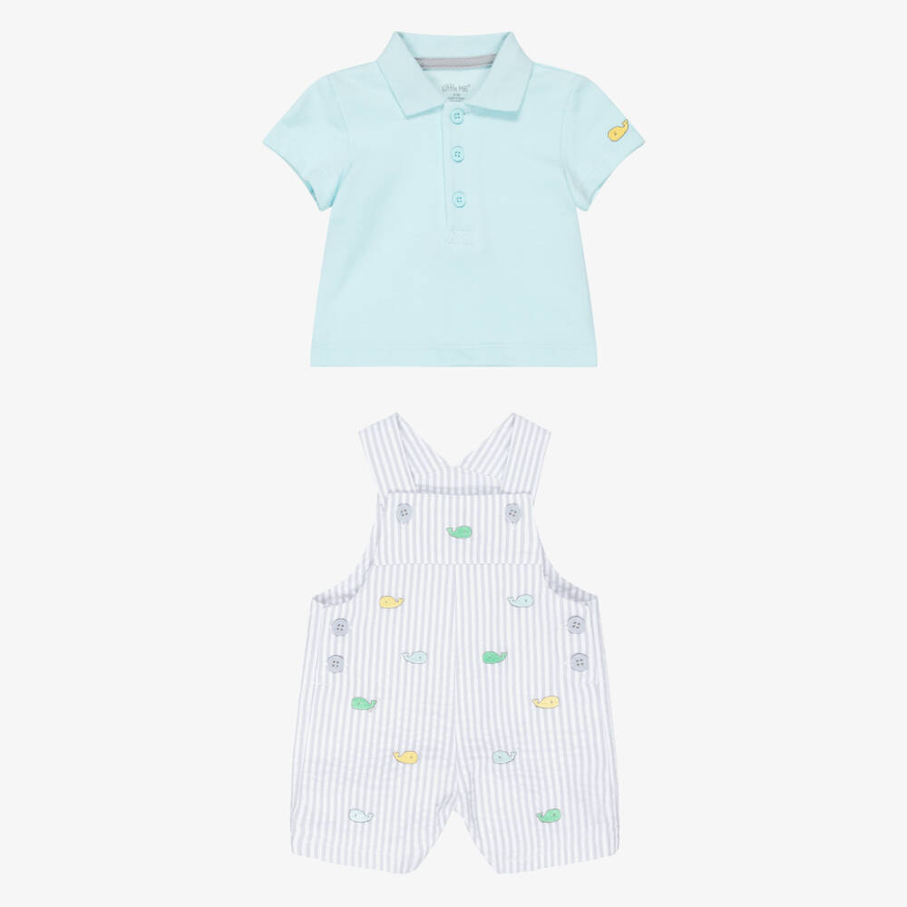 Little Me-Baby Boys Grey Striped Cotton Dungaree Shorts Set | Childrensalon Outlet