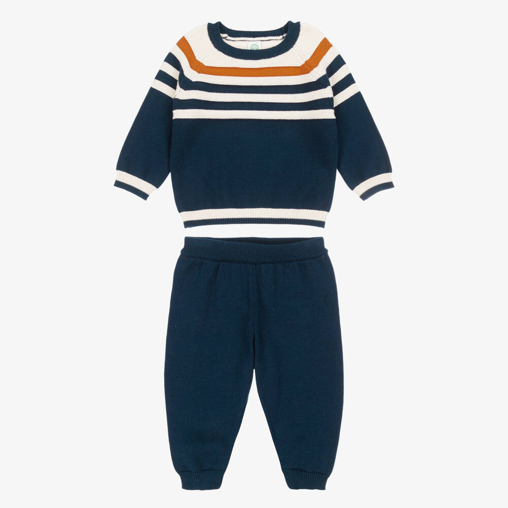Little Me-Baby Boys Navy Blue & Ivory Striped Knit Trouser Set | Childrensalon Outlet