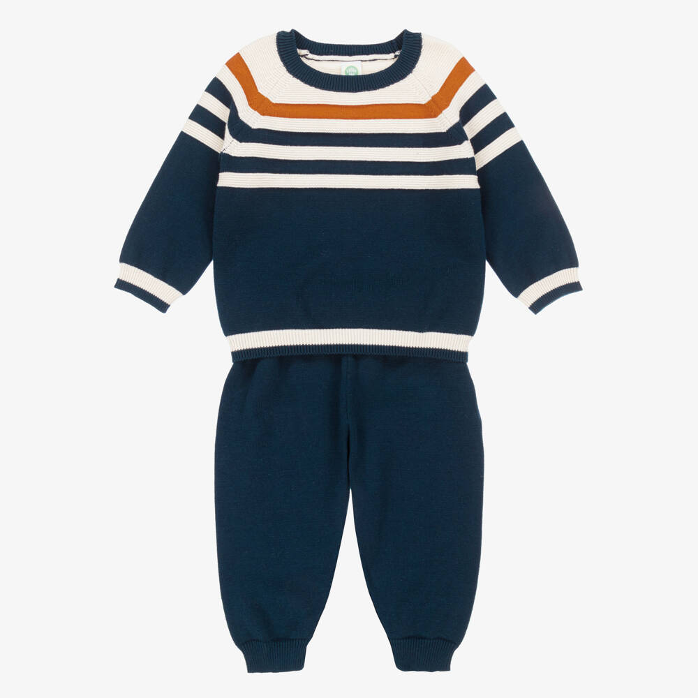 Little Me-Baby Boys Navy Blue & Ivory Striped Knit Trouser Set | Childrensalon Outlet