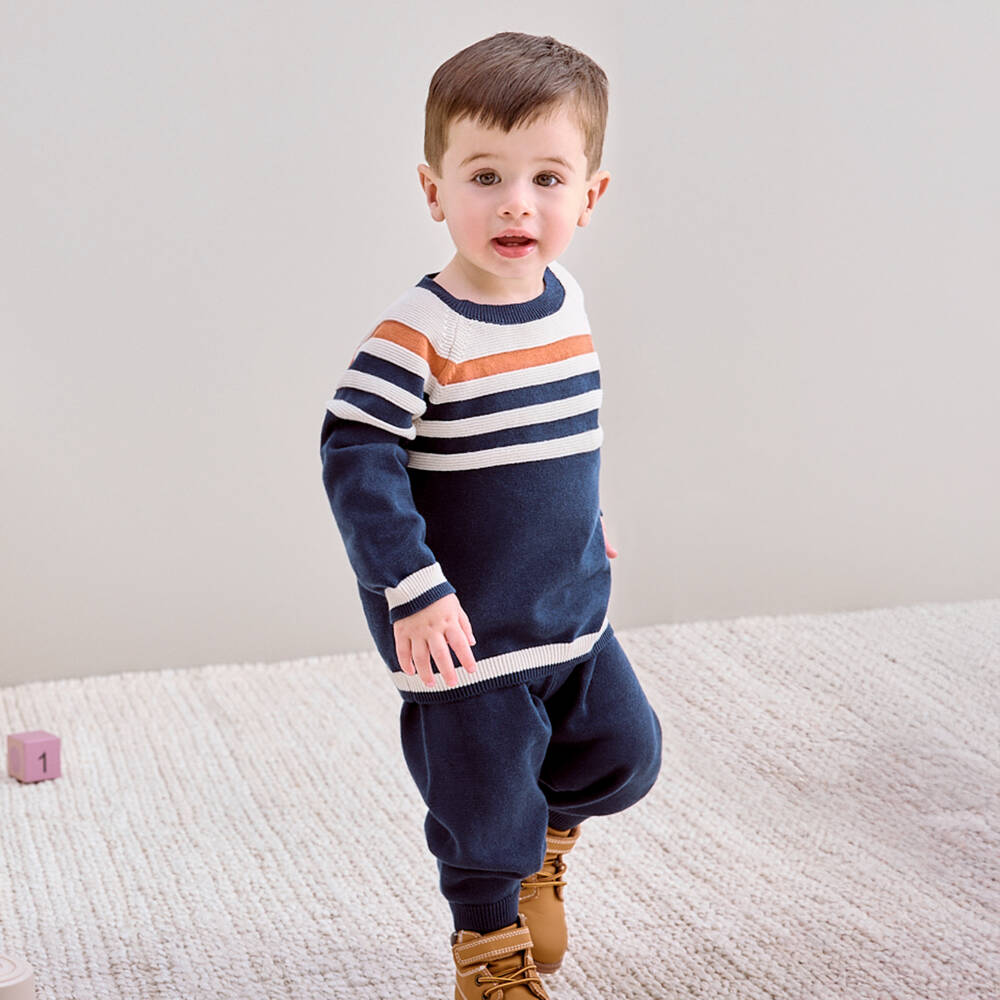 Little Me-Baby Boys Navy Blue & Ivory Striped Knit Trouser Set | Childrensalon Outlet