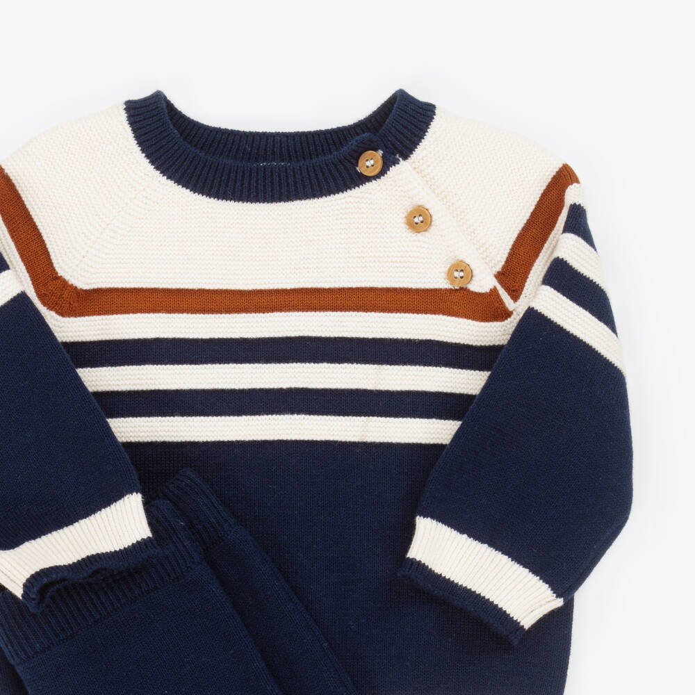 Little Me-Baby Boys Navy Blue Striped Knitted Trouser Set | Childrensalon Outlet