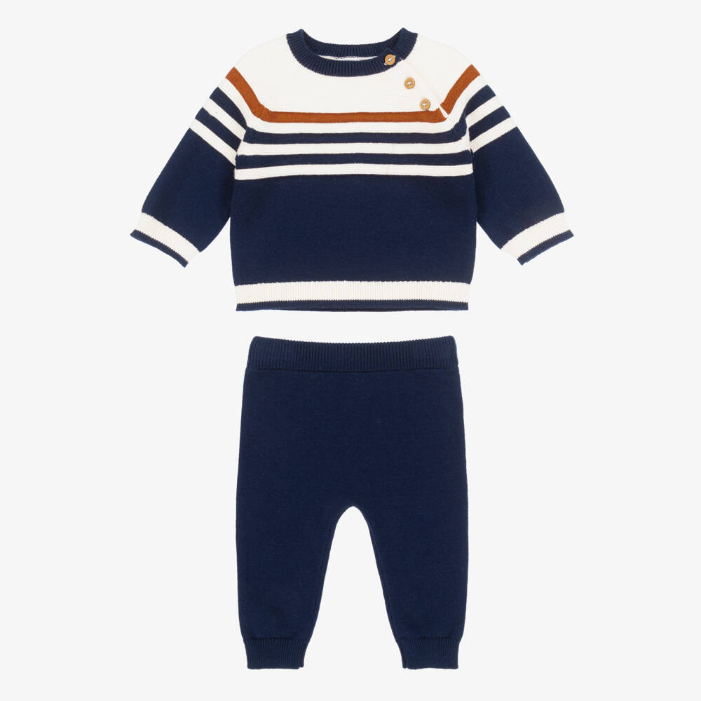 Little Me-Baby Boys Navy Blue Striped Knitted Trouser Set | Childrensalon Outlet