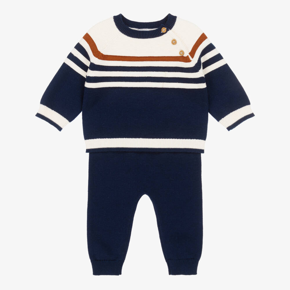 Little Me-Baby Boys Navy Blue Striped Knitted Trouser Set | Childrensalon Outlet
