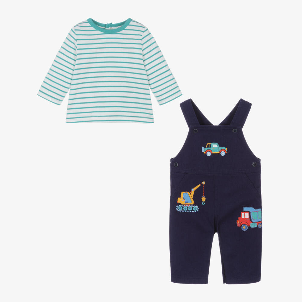 Little Me-Baby Boys Navy Blue Trucks Dungaree Set | Childrensalon Outlet