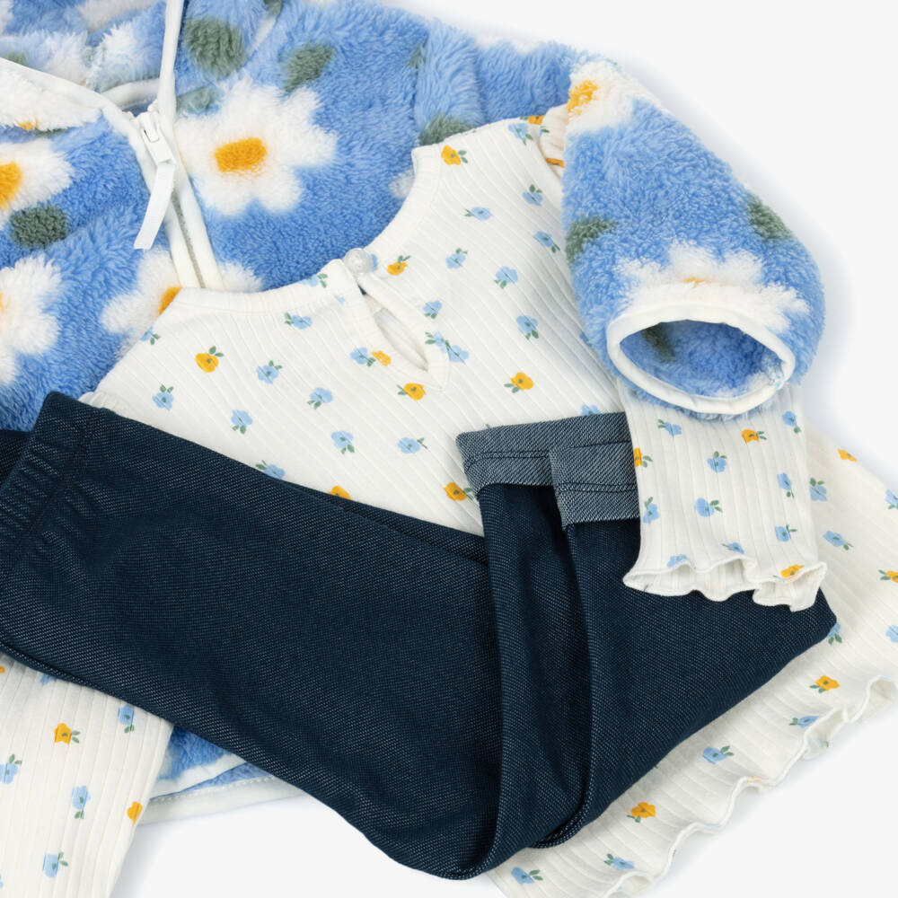 Little Me-Baby Girls Blue Floral Jacket, Top & Trousers Set | Childrensalon Outlet