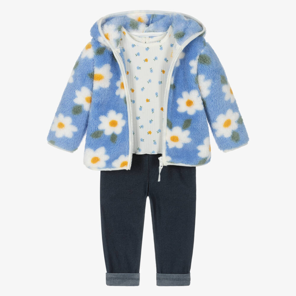 Little Me-Baby Girls Blue Floral Jacket, Top & Trousers Set | Childrensalon Outlet