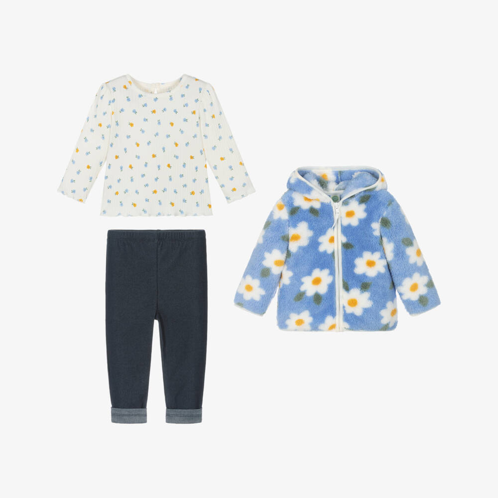 Little Me-Baby Girls Blue Floral Jacket, Top & Trousers Set | Childrensalon Outlet