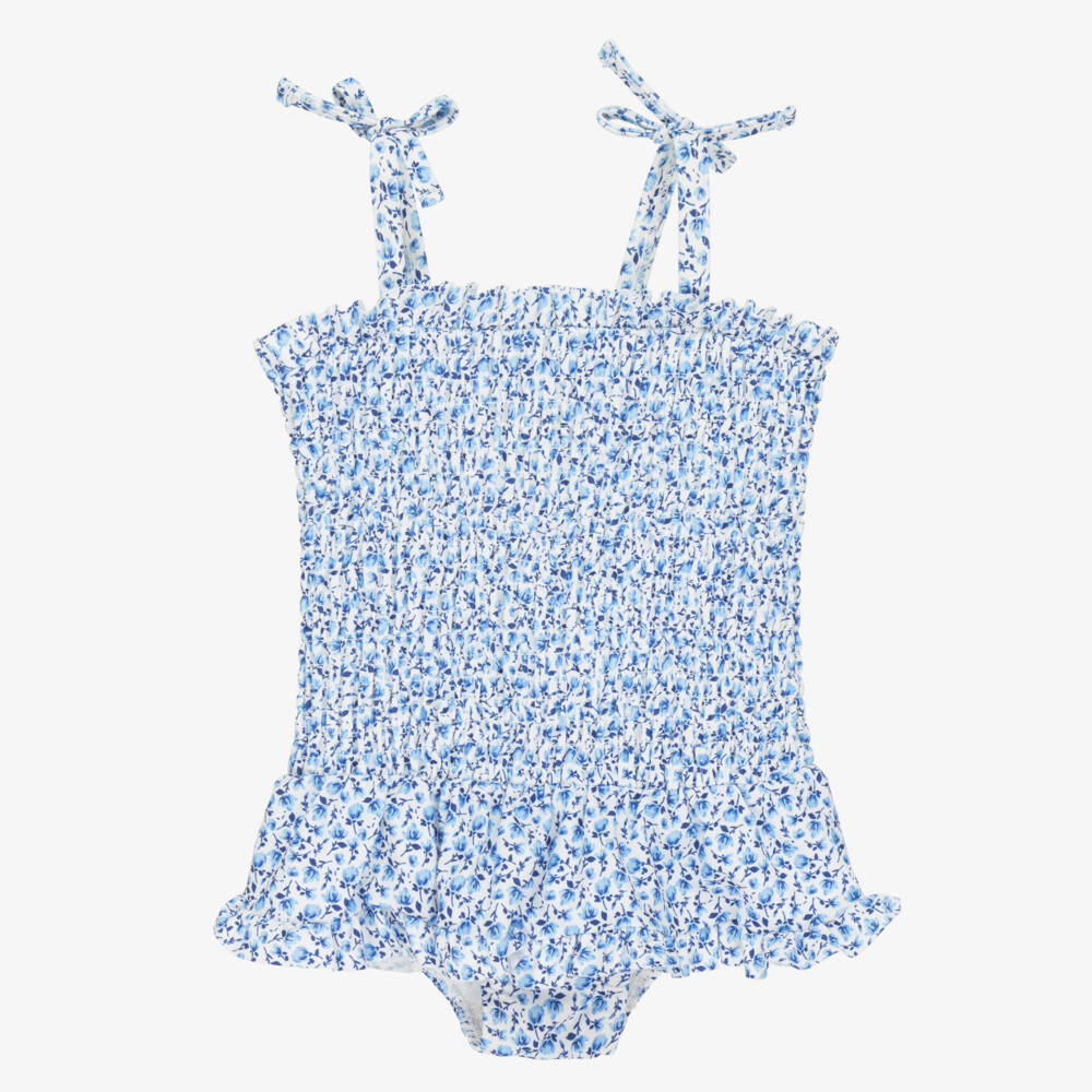 Little Me-Baby Girls Blue Floral Shirred Swimsuit (UPF50+) | Childrensalon Outlet