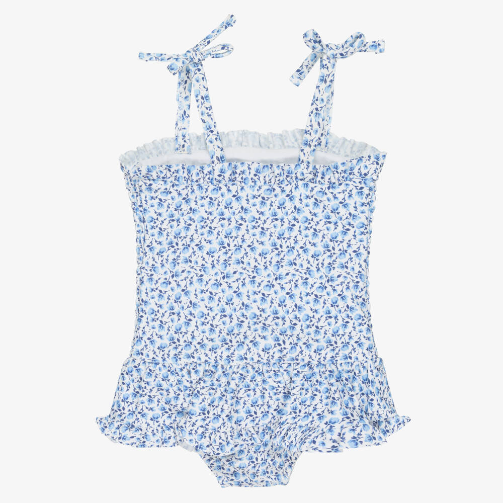 Little Me-Baby Girls Blue Floral Shirred Swimsuit (UPF50+) | Childrensalon Outlet