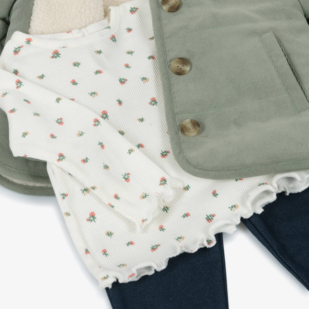Little Me-Baby Girls Green & Blue Trouser Set with Corduroy Jacket | Childrensalon Outlet